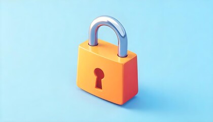 Isolated Orange Padlock with Silver Shackle on Light Blue Background