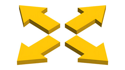 Four direction yellow arrows for navigation, expansion, or decision-making in business presentations, strategic planning, and marketing concepts with bold color.