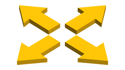 Four direction yellow arrows for navigation, expansion, or decision-making in business presentations, strategic planning, and marketing concepts with bold color.