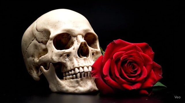 Dramatischer Sch&auml;del mit roter Rose &ndash; Symbol f&uuml;r Verg&auml;nglichkeit und Leben, Nahaufnahme, dunkler Hintergrund