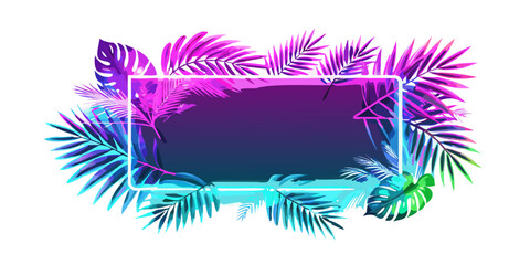 Tropical neon frames. Bright glowing leaves, cyber floral frame and leafs in neon lights vector background set. Neon frame tropical, palm leaf poster illustration .Palm neon leaves poster, vector 
