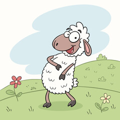 A happy cartoon sheep with big eyes dances joyfully in a green meadow with flowers and clouds