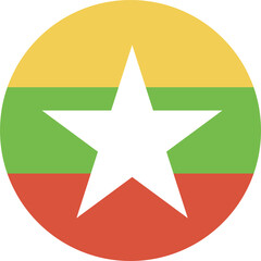 Flag of Myanmar icon. Round national flag of Myanmar background. Circle flag of Myanmar. Simple button, badge flag Myanmar.