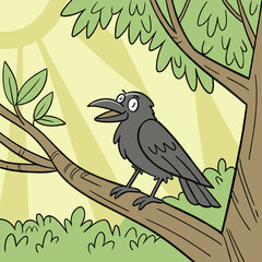 Cartoon crow perched on a tree branch with sunlight filtering through green leaves and foliage