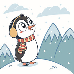 Cute cartoon penguin wearing earmuffs and a scarf standing in a snowy winter landscape with mountains