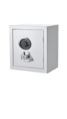Small, white, rectangular fireproof safe with a round dial lock and a small handle