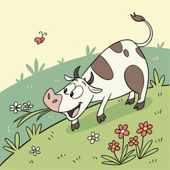 Happy cartoon cow with brown spots grazing in a green grassy field with flowers and a butterfly