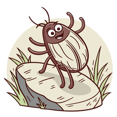 Happy cartoon beetle character with big eyes standing on a rock with grass around it