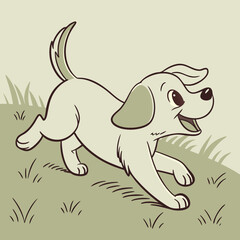 Happy cartoon puppy dog running and playing joyfully in the green grass outdoors