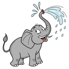 Happy cartoon elephant spraying water from its trunk in a fun playful outdoor scene