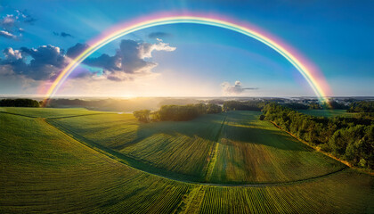 Fototapeta premium A Majestic Display Of Dual Rainbows Arcing Gracefully Over An Expansive Sunlit Field Capturing Nature S Beauty In A Moment Of Serene Tranquility And Awe Inspiring Wonder