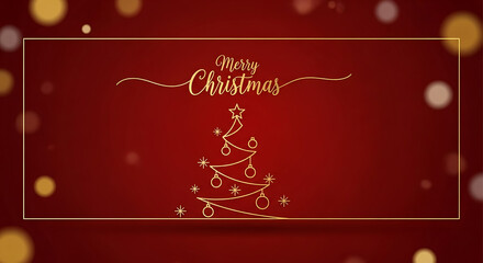 Elegant golden Christmas tree outline with festive bokeh lights on a deep red background.