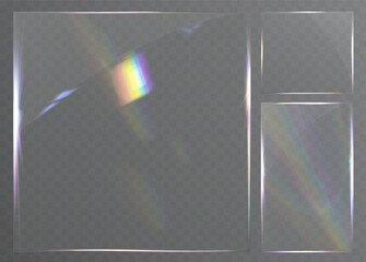 Transparent glossy glass frame with rainbow light reflection isolated on background.

