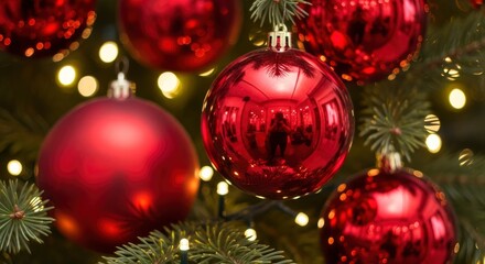 Red spherical decorations and glowing lights on green evergreen branches with a persons reflection visible in one glossy orb