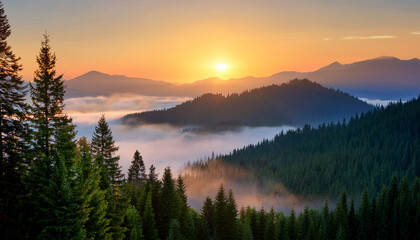 Obraz premium Serene Sunset Over Majestic Mountains Surrounded By Dense Pine Forests And Soft Mist In A Tranquil Landscape