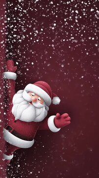 Looped festive animation of Santa Claus joyfully peeking from corner with falling snow on red background
