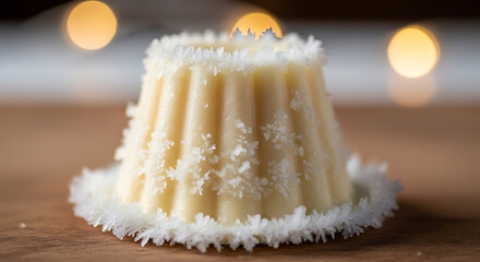Delightful winter dessert featuring a creamy white treat adorned with delicate sugar crystals, perfect for holiday menus and seasonal promotions, evoking warmth and festive cheer