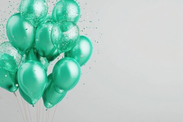 Background with mint green color balloons, sparkle for celebration party. Shiny balloon bunch. Festive white gray plain backdrop. Horizontal banner. Birthday pastel decoration. Space for greeting text