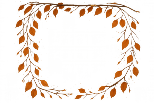 Autumn leaves wreath design forming an oval frame, fall branches with orange foliage, transparent background - Powered by Adobe