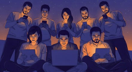 People using technology at night illuminated screens showing digital connection in a modern world ideal for illustrating social media and communication.