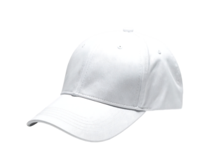 A plain white baseball cap, slightly angled, showcases a classic design with a curved brim and six stitched eyelets on the crown