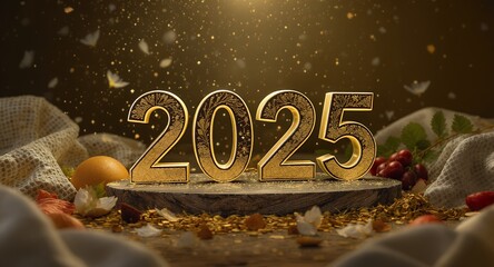 2025 New Year Celebration Golden Numbers with Festive Decor