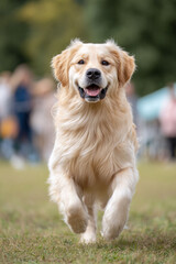Fototapeta premium Joyful, golden retriever running towards the viewer on lush green grass. A symbol of happiness, friendship and playful energy, perfect for petrelated ads or positive lifestyle concepts.