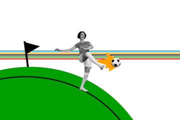 Image collage picture of cheerful crazy cheerful boy playing football game isolated on painted creative background