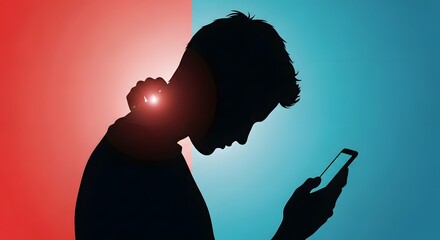 person using phone causing neck pain digital overuse leading to musculoskeletal issues poor posture technology addiction health risk well-being