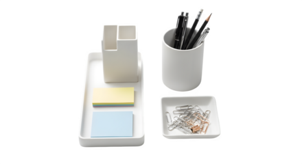 Minimalist desk organizer set isolated on transparent background for office supplies, including pen holder, sticky notes, and paper clips for workspace