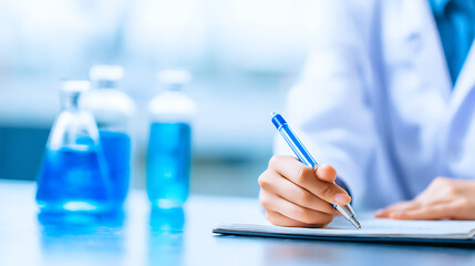 Scientist writing notes in laboratory with blue chemical solutions in background
