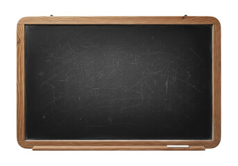 Fototapeta premium Vintage, empty blackboard, distressed dark surface, faint chalk, rustic wooden frame, isolated on transparent background, bright studio light. Concept of nostalgic learning