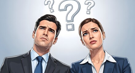 puzzled business team thinking unsure and looking up depicting corporate dilemma and decision-making ideal for problem-solving presentations
