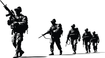 A group of soldiers walking in a line, carrying rifles, possibly on patrol or in combat, isolated on white background the scene is serious