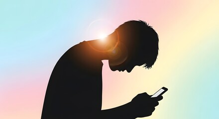 silhouette of man using smartphone illuminated by lens flare lost in digital world perfect for tech blogs social media and digital detox campaign