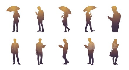 Silhouettes of people using devices under umbrellas depicting modern urban life and connectivity ideal for illustrating technology and social trends.
