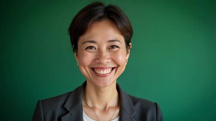 Confident senior Asian businesswoman smiling warmly with short hair against a vibrant green backdrop, radiating positivity and success in 4K footage