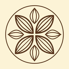 Simple decorative circular geometric pattern with petal like shapes in earthy brown tones