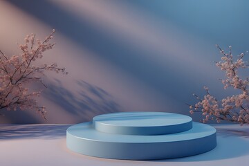 Elegant pastel blue display podium with cherry blossom branches perfect for showcasing beauty products and springtime promotions with modern minimalist style