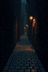 Fototapeta premium Pixelated 3D scene of a narrow alleyway, blocky cobblestone path stretching between voxel walls, glowing cubes simulating lantern light, dark tones with subtle gradients enhancing