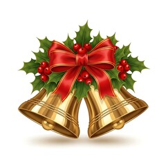 Golden Christmas Bells with Holly and Red Ribbon Decoration.