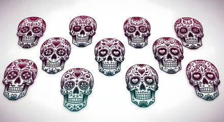 sugar skulls arrangement día de muertos inspired design art with heart-shaped eyes on a white surface perfect for cultural event posters and graphic designs
