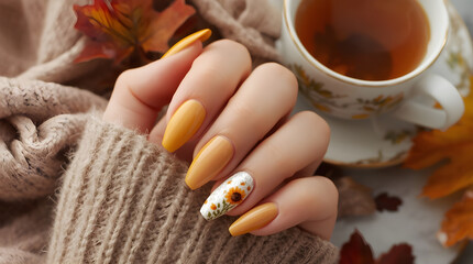 Autumn Nail Design with Sunflowers and Cozy Styling