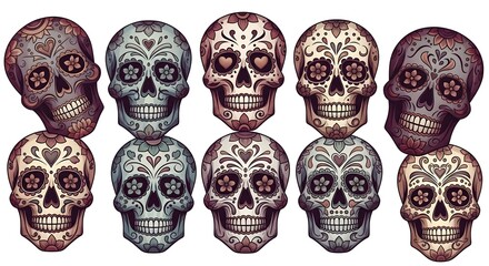 sugar skulls pattern ten decorated skulls arranged in rows symbolizing day of the dead celebration ideal for cultural designs and halloween motifs.