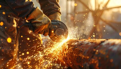 Powerful sparks fly as a skilled tradesman expertly cuts metal with an angle grinder, showcasing dedication to craftsmanship and industrial expertise