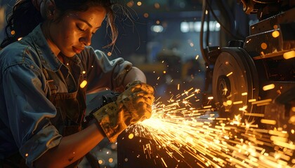 Skilled metalworker intensely grinding steel with safety gloves in industrial setting, sparks flying creating a dynamic scene of hard work and dedication