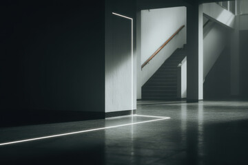 staircase illuminated by soft light featuring holographic evacuation route displayed clearly
