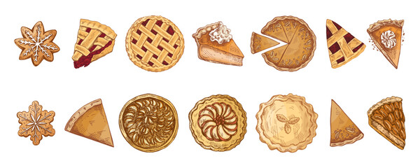 Hand drawn vintage sketch set of festive pies, cake slices and gingerbread cookies with icing decoration