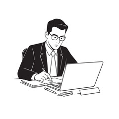 Black and white line art of a hardworking man at office desk with laptop and documents minimalist illustration