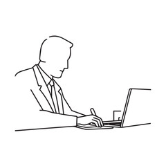 Black and white line art of a hardworking man at office desk with laptop and documents minimalist illustration